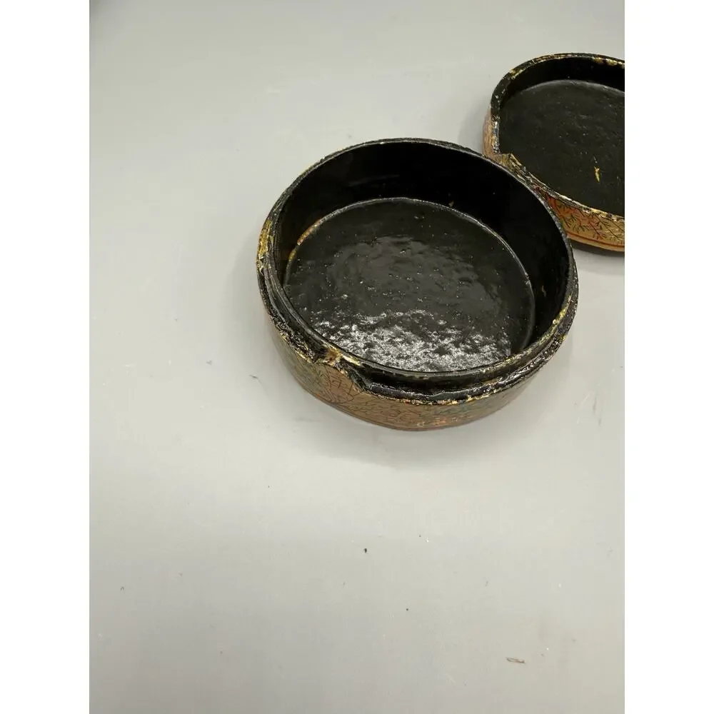 Hand Painted Floral Bird Trinket Box Gold Round Papier Mache Kashmir Style
